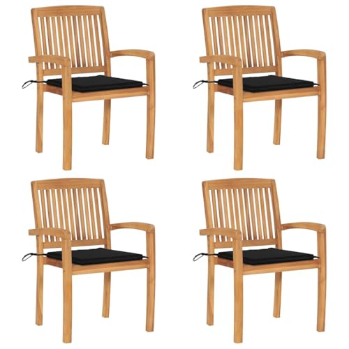 HaoChrymec Stapelbare Gartenstühle mit Kissen 4 STK. aus Massivholz Teak, Ergonomisches Design, Witterungsbeständig, Gartenmöbel Set, Relaxsessel Garten, Balkon Stuhl, Schwarz, 60 x 57.5 x 90 cm von HaoChrymec