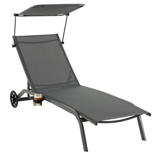 HaoChrymec Terrassenliege Outdoor-Liegestuhl mit Rädern, Verstellbare Rückenlehne, Sonnenschutz, Getränkehalter, Metallrahmen, Grau, 165 x 61 x 96 cm von HaoChrymec