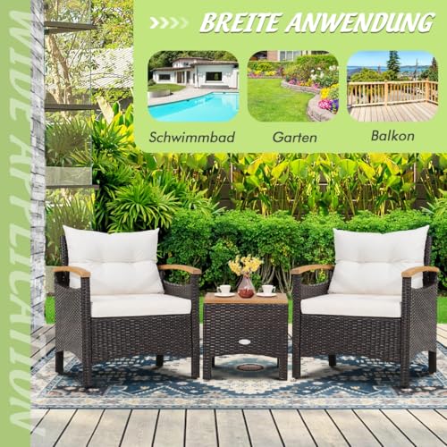 HaoChrymec Terrassenmöbel-Set, 3-teiliges Korbmöbel-Set für den Außenbereich, PE-Rattan mit Couchtisch, Balkon Möbel Set, Gartenmöbel Set, Weiß, 64 x 60 x 74 cm, 44,5 x 44,5 x 42,5 cm von HaoChrymec