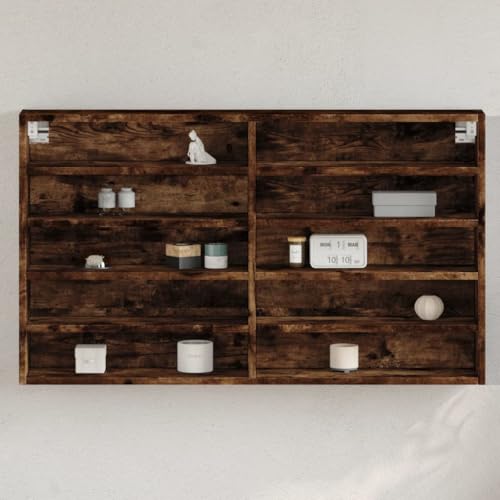 HaoChrymec Vitrinenschrank aus Holzwerkstoff, Räuchereiche, 10 Ablagen, Sammlervitrine für Wohnzimmer, Schaukasten Vitrine, Modellauto Vitrine, 100 x 15 x 58 cm von HaoChrymec