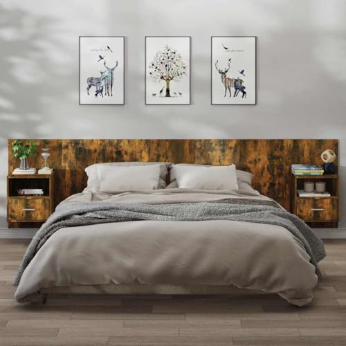 HaoChrymec Wand-Nachttische, Holzwerkstoff, Räuchereiche, 2 STK., Hängend, Praktische Aufbewahrung, Nachttisch zum Einhängen, Wandregal mit Schublade, 48.5x32.5x80 cm von HaoChrymec