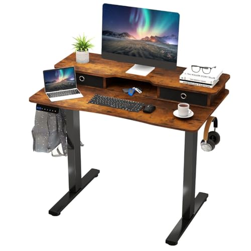 Höhenverstellbarer Schreibtisch mit Elektrischem Motor, Computertisch mit Monitorständer, 3 Speicherhöhen, Schreibtisch Höhenverstellbar für Büro und Home Office, Braun, 100 x 60 x 73–122 cm von HaoChrymec