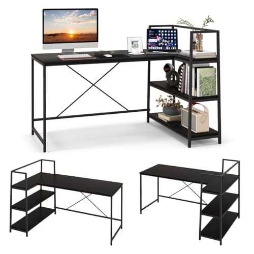 L-förmiger Schreibtisch mit 148 cm Länge, Computer Desk aus Holzwerkstoff und Metall, Eckschreibtisch mit Regalen, Platzsparend für Büro, Gaming oder Study Table, Schwarz, 148 x 100 x 90 cm L-förmiger Schreibtisch mit 148 cm Länge, Computer Desk aus Holzwerkstoff und Metall, Eckschreibtisch mit Regalen, Platzsparend für Büro, Gaming oder Study Table, Schwarz, 148 x 100 x 90 cm von HaoChrymec