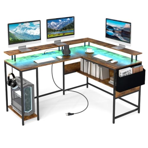 L-förmiger Schreibtisch mit RGB-LED-Beleuchtung, Monitorständer, Steckdosen und Kabelmanagement, Gaming Tisch L Form, Computer Desk für Büro, Schlafzimmer, Braun, 146 x 115 x 85,5 cm von HaoChrymec