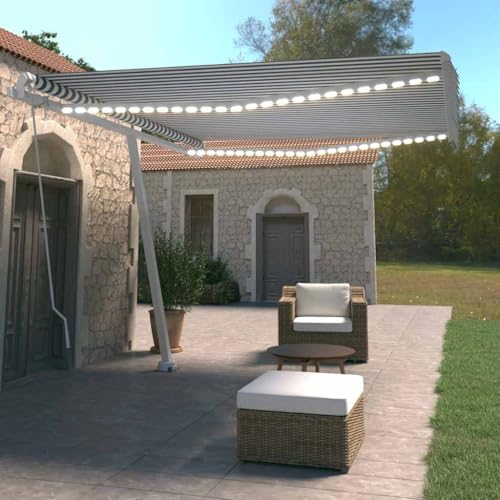 Markise Einziehbar mit Pulverbeschichtetem Aluminiumrahmen, Solar-LED-Beleuchtung, Sonnenschutz Balkon, Markise Balkon, Blau und Weiß, 400 x 350 cm von HaoChrymec
