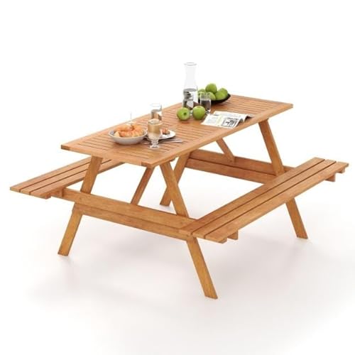 Picknicktisch für 6 Personen mit 2 Integrierten Bänken und Schirmloch, Rechteckiger Gartentisch aus Hartholz, Natur, 150 x 139 x 75 cm, Gartenmöbel Set Picknicktisch für 6 Personen mit 2 Integrierten Bänken und Schirmloch, Rechteckiger Gartentisch aus Hartholz, Natur, 150 x 139 x 75 cm, Gartenmöbel Set von HaoChrymec