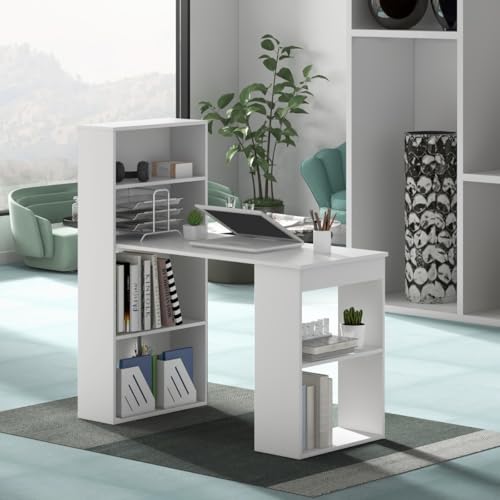 Schreibtisch mit Bücherregal, Computertisch mit 6 Regalen, PC-Tisch mit Regal, Viel Stauraum, Schreibtisch für Jugendzimmer, Kinderzimmer, Study Table, Weiß, 121,5 x 51,5 x 120 cm von HaoChrymec