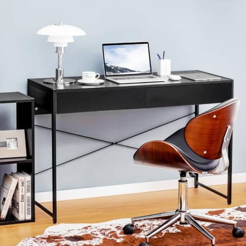 Schreibtisch mit Metallrahmen und Holzwerkstoffen, Bürotisch mit 2 Schubladen, Gaming Schreibtisch, Computertisch, Desk with Drawers, Schwarz, 112 x 48 x 76 cm von HaoChrymec