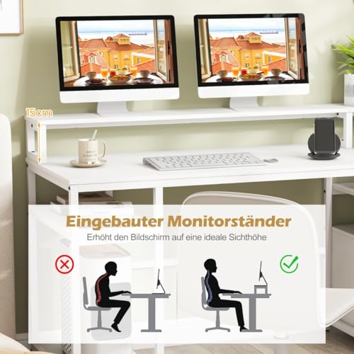 Schreibtisch mit Monitorständer, Druckerständer, CPU-Ständer & Aktenschrank, Geräumiger PC Schreibtischs mit Ergonomischem Design, Study Table, Gaming Schreibtisch, Weiß, 168 x 69 x 89 cm von HaoChrymec