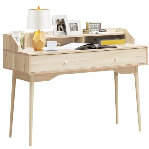 Schreibtisch mit Schublade, Computertisch aus Massivholz, Büro Schreibtisch mit Stauraum, Gaming Schreibtisch, Desk with Drawers, Modernes Design, Natur, 120 x 50 x 93 cm von HaoChrymec