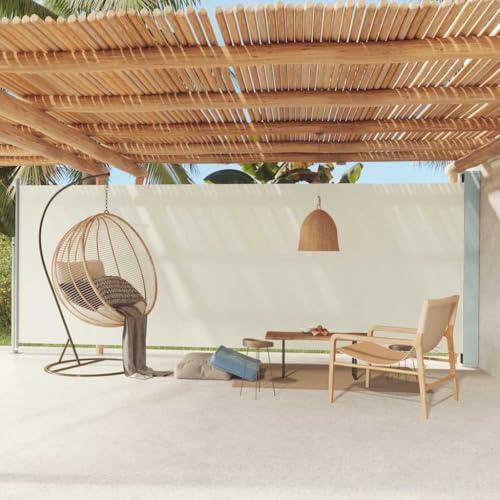 Seitenmarkise Ausziehbar mit UV-beständigem Polyester, Automatische Rückrollfunktion, Sichtschutz für Balkon und Garten, Freistehende Markise, Creme, 200 x 600 cm von HaoChrymec