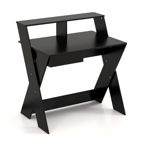 X-förmiger Computertisch mit Monitorerhöhung, Schreibtisch mit Schublade und Stauraum, Ergonomisch, Für Gaming und Büro, Computer Desk, Schwarz, 90 x 61 x 94 cm von HaoChrymec