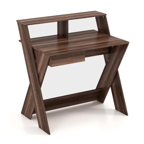 X-förmiger Computertisch mit Monitorerhöhung, Schreibtisch mit Schublade und Stauraum, Ergonomisch, Für Gaming und Büro, Computer Desk, Walnuss, 90 x 61 x 94 cm von HaoChrymec