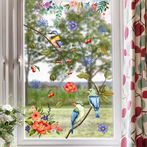 HaoFuJi Doppelseitig Fensterbilder Blumen Aufkleber Fenster Sommer Frühling Deko Vogel Fensterdeko Kinderzimmer Wohnzimmer Büro Fensteraufkleber Kinder Fenstersticker Fensterbild Deko von HaoFuJi