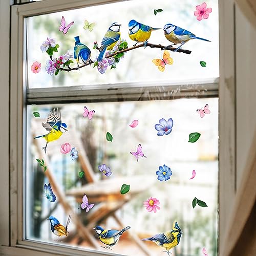 HaoFuJi Fensterbilder Blumen Aufkleber Doppelseitig Fenster Deko Vogel Schmetterling Fensterdeko Kinderzimmer Wohnzimmer Büro Fensteraufkleber Kinder Fenstersticker Fensterbild Sommer Frühling Deko von HaoFuJi