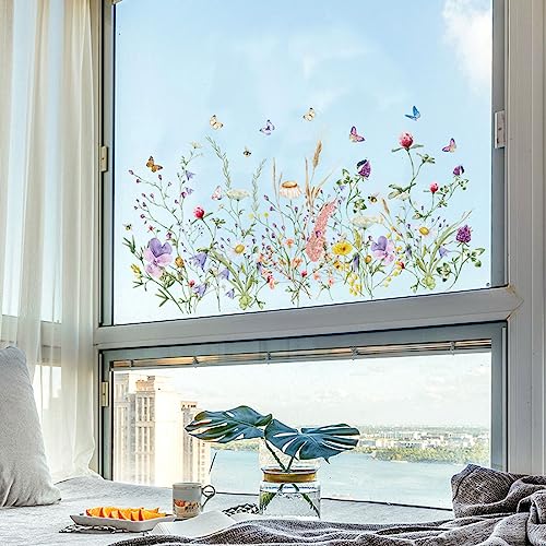 HaoFuJi Fensterbilder Blumen Fenster Deko Pflanzen Fensterdeko Schlafzimmer Wohnzimmer Büro Doppelseitig Fensteraufkleber Anti-Kollision Fenstersticker fensterbild Sommer Frühling Deko von HaoFuJi