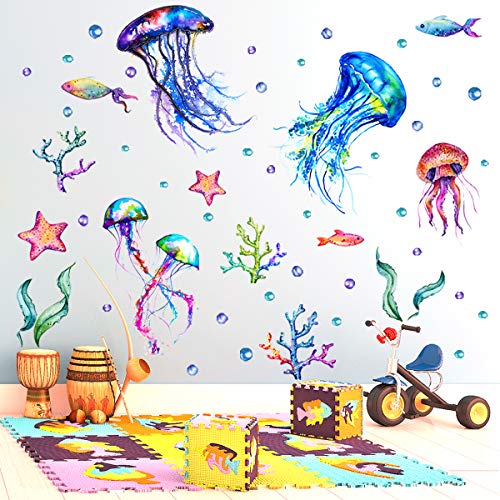 HaoFuJi Groß Wandtattoo Fische Unterwasserwelt Wandaufkleber Meer Quallen Deko Tapete Wanddeko Maritim Wandsticker Meerestiere für Kinderzimmer Kinder Wohnzimmer Schlafzimmer Flur Badezimmer von HaoFuJi