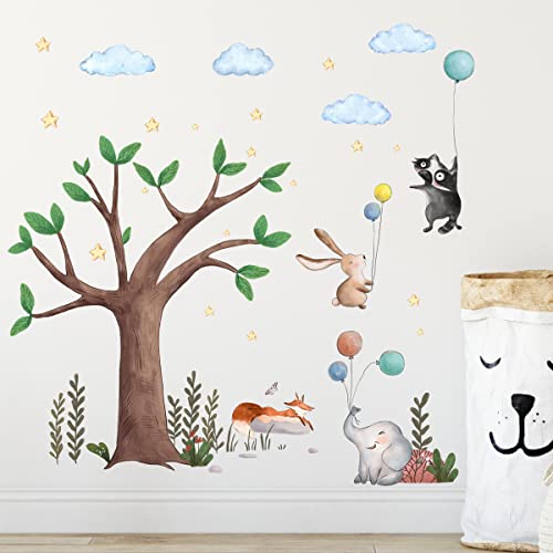 HaoFuJi Selbstklebend Groß Wandtattoo Waldtiere Fuchs Kinderzimmer Wandsticker Wald Tiere Baum Blätter Pflanzen Wolken Sterne Deko Tapete Wanddeko für Wohnzimmer Schlafzimmer Flur Büro von HaoFuJi