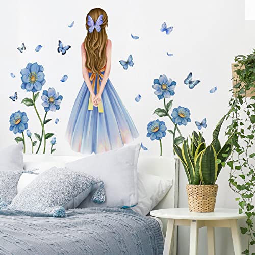 HaoFuJi Wandtattoo Kinderzimmer Mädchen Blau Blumen Schmetterlinge Deko Wandsticker Wandaufkleber Wanddeko Wohnzimmer Babyzimmer Wandbilder Kinder Aufkleber Safari Tapete Selbstklebend von HaoFuJi