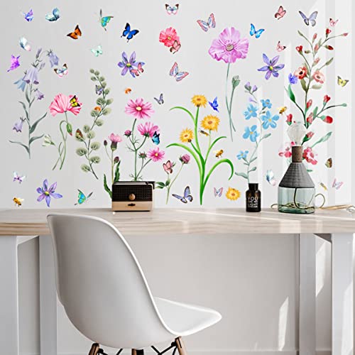 HaoFuJi Wandtattoo Wandbilder Wohnzimmer Blumen Blau Schmetterlinge Wandsticker Pflanzen Gräser Deko Tapete Groß Wandaufkleber Blume Wanddeko für Schlafzimmer Flur Büro Bad fensterbilder Deko von HaoFuJi