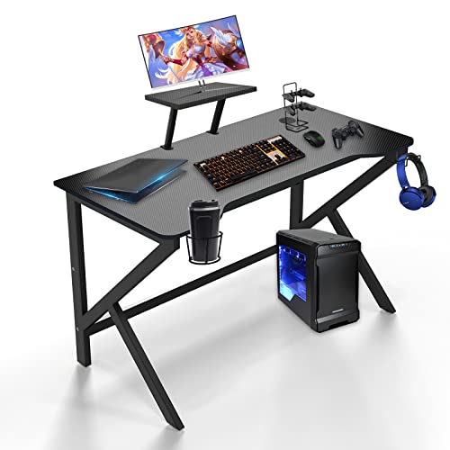 Gaming Tisch mit Kohlefaser,Gaming Schreibtisch 100 x 55 x 90.5cm Esport Ergonomischer Computertisch Tisch mit Kohlefaseroberfläche, stabiles K-Gestell, Kopfhörerhaken zum Spielen,Schwarz von HaodaCulture