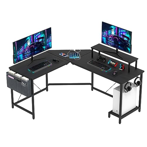 HaodaCulture Gaming Tisch 160x135cm, Computertisch, Schreibtisch mit Monitorständer, 2 Steckdosen und 2 USB Ladeanschluss, Eckschreibtisch, Gaming Schreibtisch L-förmiger, Groß Pc Ecktisch von HaodaCulture