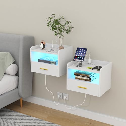 HaodaCulture Nachttisch 2er Set Hängend, Nachttisch Wandmontage, Offenes Fach Und Einer Schublade, Leuchte mit 16 Farben, 2 USB Anschlüsse, 2 Steckdosen, Wohnzimmer Schlafzimmer HaodaCulture Nachttisch 2er Set Hängend, Nachttisch Wandmontage, Offenes Fach Und Einer Schublade, Leuchte mit 16 Farben, 2 USB Anschlüsse, 2 Steckdosen, Wohnzimmer Schlafzimmer von HaodaCulture