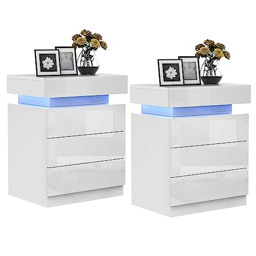 HaodaCulture Nachttisch 2er Set Schwarz, Nachtkommode 2er Set, Nachttisch Led mit 3 Schubladen, Flip Cover, Beistelltisch Sofatisch Schubladenschrank für Schlafzimmer, Wohnzimmer 45x35x61cm von HaodaCulture