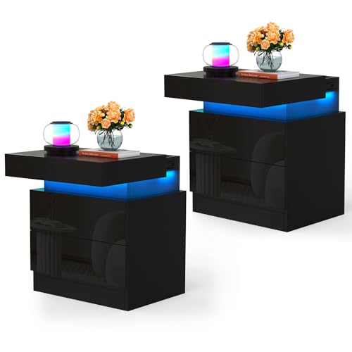 HaodaCulture Nachttisch 2er Set Schwarz, Nachttisch Led mit 2 Schubladen, Schiebekommode Oben, Beistelltisch Sofatisch Schubladenschrank für Schlafzimmer, Wohnzimmer 40x35x52cm von HaodaCulture