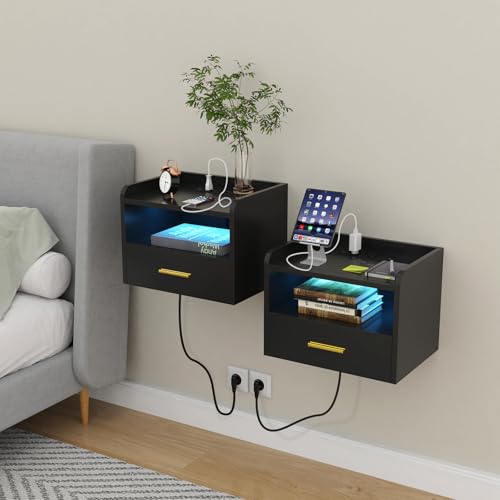 HaodaCulture Nachttisch Hängend 2er Set, Nachttisch 2er Set Schwarz, Leuchte mit 16 Farben, schwebendes Wandregal, Offenes Fach Und Einer Schublade, 40x30x30cm, Modern von HaodaCulture