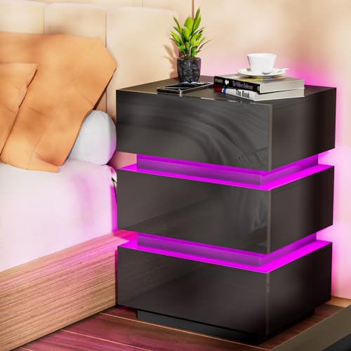 Hochglanz Nachttisch mit Schubladen Nachtschrank Holz,Nachttisch mit Steckdose Nachtschrank mit led und ladefunktion Schlafzimmer Beistelltisch Sofa Tisch mit LED Beleuchtung (Schwarz, 45x35x61cm) von HaodaCulture