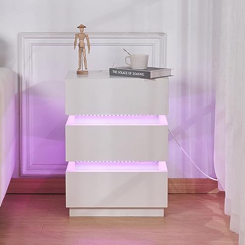 Hochglanz Nachttisch mit Schubladen Nachtschrank Holz,Nachttisch mit Steckdose Nachtschrank mit led und ladefunktion Schlafzimmer Beistelltisch Sofa Tisch mit LED Beleuchtung (Weiß, 45x35x61cm) von HaodaCulture