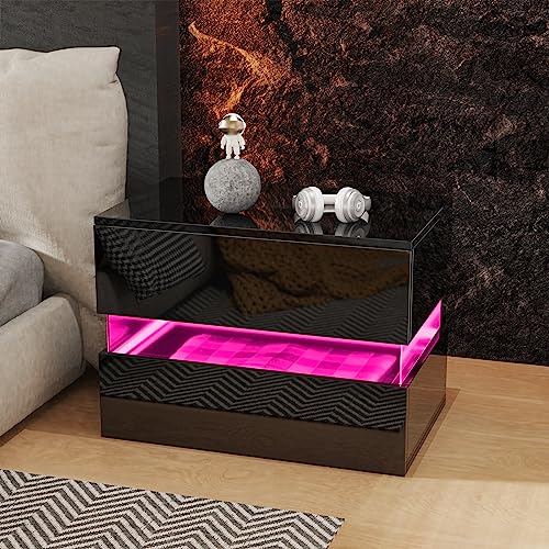 LED Nachtschrank Schwarz,Nachttische aus Holz mit 3 Hochglanz Schubladen, Nachtkommode mit1 Klappdeckel Nachtischschränke Nachttisch mit großen Stauraum für Wohnzimmer (Style 3) von HaodaCulture