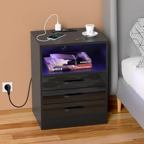 HaodaCulture Nachttisch mit LED, Nachtschrank schwarz, Nachtkommode mit 3 Schubladen, 2 USB Anschlüsse, 2 Steckdosen, für Schlafzimmer Wohnzimmer, Schwarz 45x40x65cm von HaodaCulture