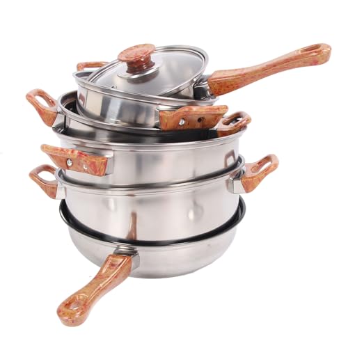 Haofy Küchenkochgeschirrset Haltbar Edelstahltöpfe Pfannen Set mit Einzigartigem Holzkorndesign für Bequemes Kochen für den Heimgebrauch Geeignet von Haofy