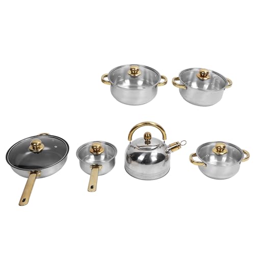 Haofy Premium Edelstahl Frittierpfanne Topf Set Langlebige Energieeffiziente Küchenkochgeschirr 6 Töpfe 6 Deckel für das Restaurant (Goldgriff mit Wasserkocher) von Haofy
