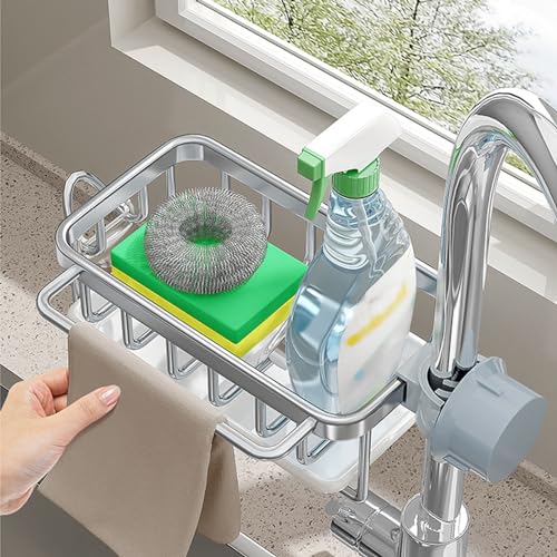 Küchenarmatur-Schwammhalter, Waschbecken-Wasserhahn-Caddy-Organizer mit Abtropfschale für Spülmittelbürste, 14,5 X 26,7 X 8,9 Cm (SILVER) von Haofy