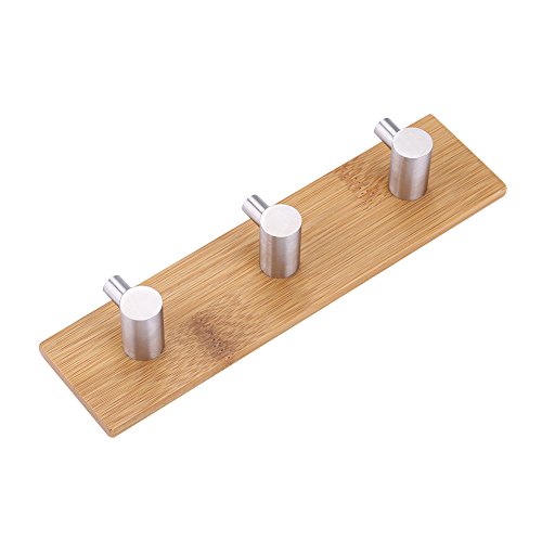 Wandregal aus Bambus mit 3 Edelstahl Kleiderhaken, Wandhaken zum Aufhängen von Handtüchern, Kleidung, Küche, Bad, Wohnraum(3 Haken) von Haofy