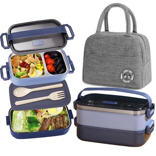 Haoh Edelstahl Brotdose Kit, 1100ml Edelstahl Brotzeitbox mit Besteck und Lunchtasche, Auslaufsichere Lunchbox mit Fächern für Picknick Schule Büro Kinder Erwachsene(Blau) von Haoh