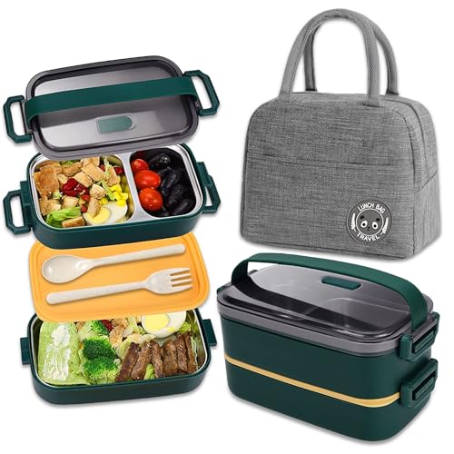Haoh Edelstahl Brotdose Kit, 1100ml Edelstahl Lunch Box mit Besteck und Lunchtasche, Auslaufsichere Bento Box mit 3 fächern für Picknick Schule Büro Kinder Erwachsene(Grün) von Haoh