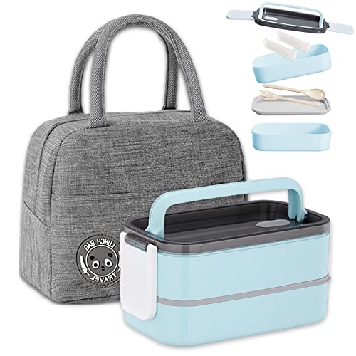 Haoh Lunch Box Kit, 1400 ml Stapelbare Brotdose mit Besteck und Lunchtasche, Bento Box Mikrowelle für Picknick Schule Büro Erwachsene Kinde (Blau) von Haoh