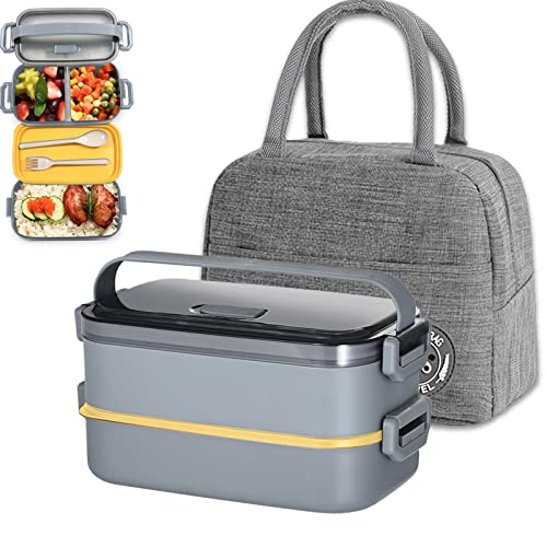 Haoh Lunch Box Kit, 1600 ml 2 Schichten Brotdose mit Besteck und Lunchtasche, Bento Box Mikrowelle für Picknick Schule Büro Erwachsene Kinder (Grau) von Haoh
