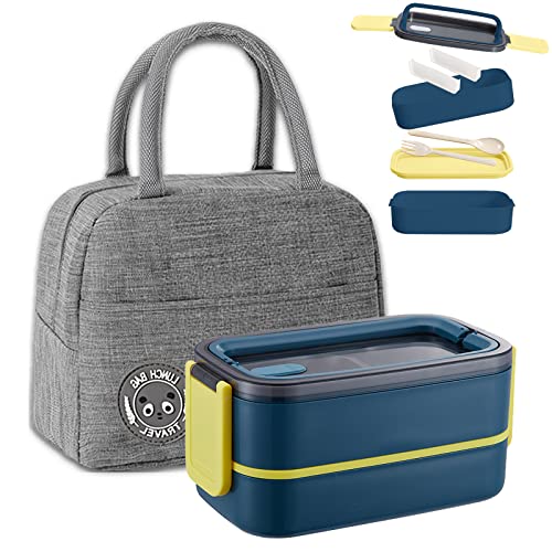 Haoh Lunch Box Kit, 1400 ml Stapelbare Brotdose mit Besteck und Lunchtasche, Bento Box Mikrowelle für Picknick Schule Büro Erwachsene Kinder (Dunkelblau) von Haoh