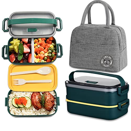 Haoh Lunch Box Kit, 1600 ml Stapelbare Brotdose mit Besteck und Lunchtasche, Bento Box Mikrowelle für Picknick Schule Büro Erwachsene Kinder (Dunkelgrün) von Haoh