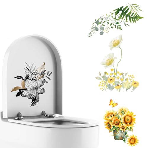 Haohai 4 x Blätter Blumen WC-Sitz-Deckelaufkleber, Sonnenblumen-Aufkleber für Badezimmer, WC-Deckelaufkleber, abnehmbar, selbstklebend, WC-Deckelabdeckung, , Vinyl, Wandkunst, Schild, Dekor (4) von Haohai