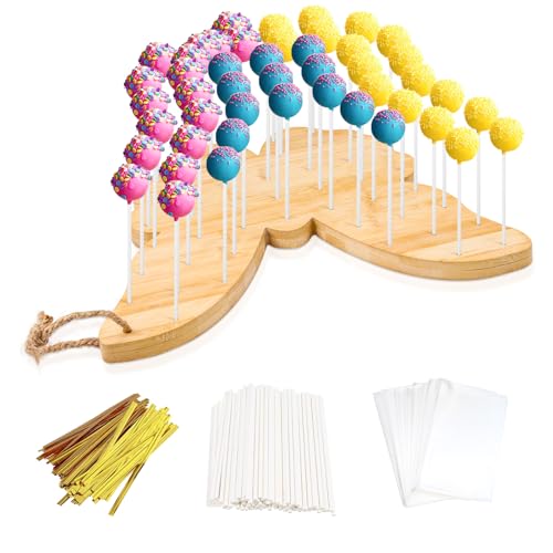Bambus-Cake-Pop-Ständer, 47 Löcher, Cakepop-Ständer für Desserttisch, Lutscher-Halter, Cake-Pop-Halter, Cake-Pop-Set enthält 90 Cake-Pop-Sticks und Wrapper, Cake-Pop-Zubehör (Schmetterling-Form) von Haohai