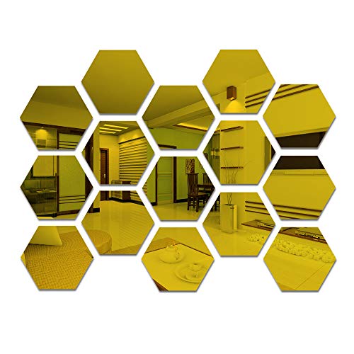 Haohai 12 Stück Hexagon Acryl Gold Wandspiegel Aufkleber, Spiegel Wanddekoration, Spiegel Selbstklebende Spiegelfliesen Ästhetisch für Schlafzimmer Wohnzimmer (9,1 cm/Gold) von Haohai