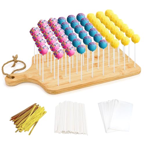 Premium Bamboo Cake Pop Ständer mit 52 Löchern, inklusive 100 Cake Pop Sticks und Wrappers Lutscher Halter für Geburtstage, Feiertage, Hochzeiten, Cake Pop Ständer zum Trocknen und Präsentieren von von Haohai