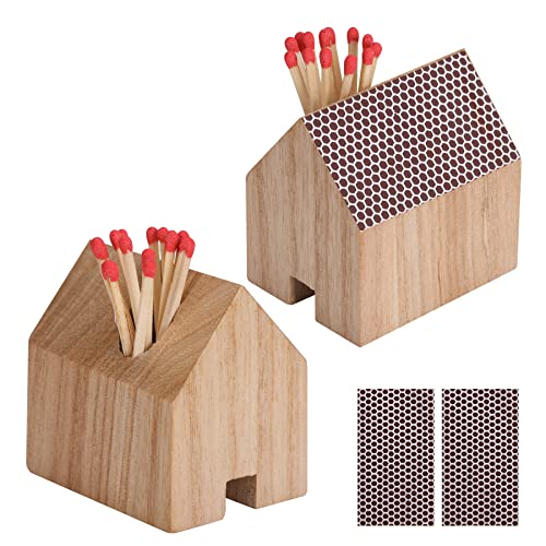 Haoideo Streichholzhalter aus Holz, Hausform, Streichholzhalter mit Schlagkissen, 2 Stück, Haoideo Heimdekoration, Holz, Haus-Spielhalter, natürliches Leben, Landhaus, Streichholz (Streichhölzer sind von Haoideo