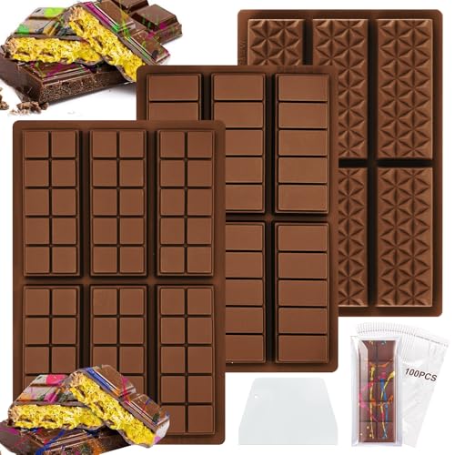 Haokelai Schokolade Form, 3 Stück Schokoladen Form Silikon, Schokoladen Form, mit 100 Beuteln und Einem Schaber Geliefert, Schokoladenform Silikon Tief für Schokolade Pudding Süßigkeiten(Rechteck) von Haokelai